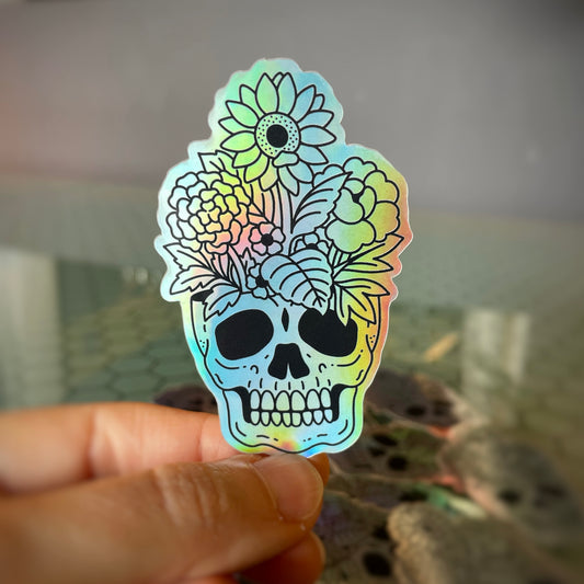 Skull Flowerpot Holographic Vinyl Die-cut Sticker